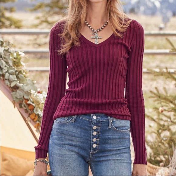 Sundance Poet Legends Sweater V Neck ribbed organic cotton Maroon burgundy XS - Picture 1 of 8